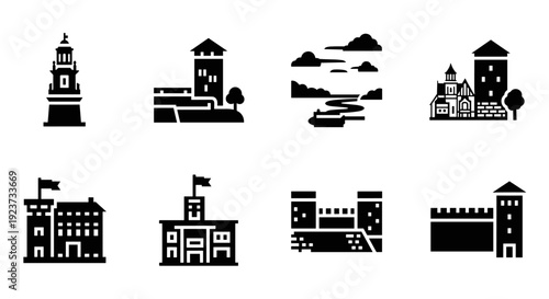 Silhouette icons of historic forts and castles with modern design elements