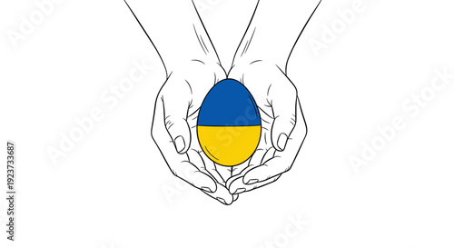 Hands holding ukrainian flag painted egg on white background