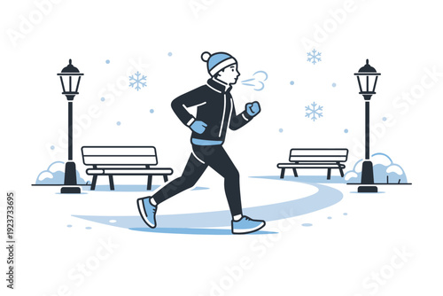 Winter urban park run. A jogger passing benches and lamps along a frosty pathway, breath suggested with soft abstract lines. Calm