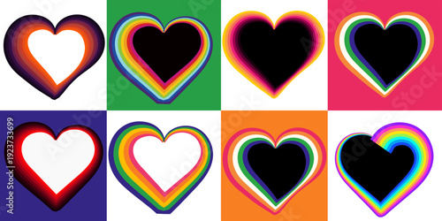 Multicolored heart shapes on colored backgrounds