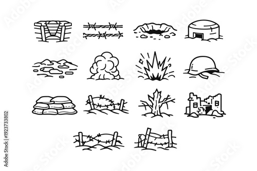 Battlefield environment. Line icon set of Battlefield environment: trench, barbed wire, crater, bunker, muddy ground, smoke cloud, shell