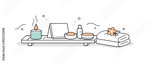 Relaxing spa essentials with a lit candle, soap, lotion, and folded towels