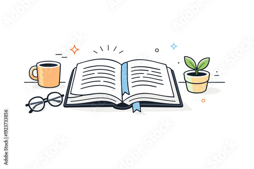 Open books mid-read. Desk scene with an open book, glasses nearby, and soft daylight falling across pages. Calm concentration and unhurried reading rhythm.