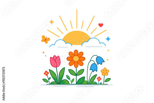 Spring vertical background tall and airy composition with blooming flowers and gentle sunlight rising upward, creating a fresh seasonal