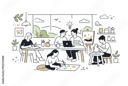 Shared creative studio in nature. Artists or designers working together with nature views and handmade objects. Creativity, slow working rhythm, soft shapes