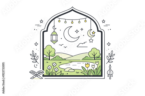 Ramadan spring backgrounds. Decorative arch window opening to a spring garden, crescent moon and stars glowing softly, calm and welcoming festive mood.