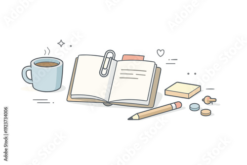 Paper clips fixes. Desk scene with a paper clip acting as a bookmark or hinge, placed gently beside other small objects. Quiet multitasking