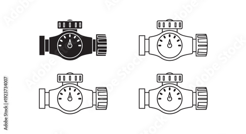 Water meter vector icon collection. Includes water flow, consumption, and utility measurement symbols. Created in solid and outline styles with a black and white palette.