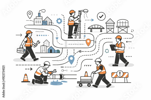 Infrastructure upkeep. Workers moving smoothly through an abstract city layout with clear paths and markers. Editorial metaphor of continuous