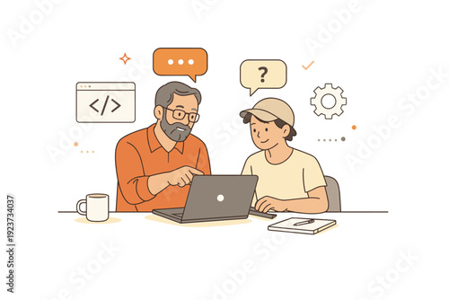 Ethical open-source mentorship. A senior contributor helping a newcomer understand the codebase or tools, showing calm, inclusive guidance. The scene feels