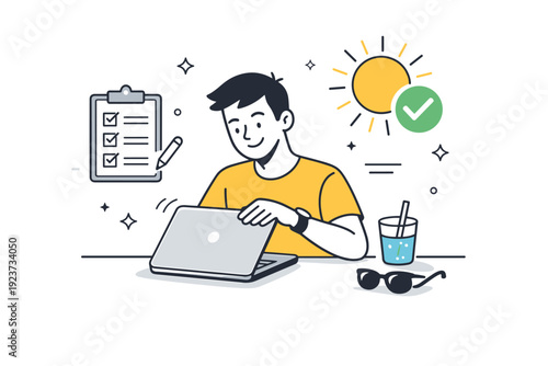Flexible summer work schedules. Person finishing tasks early and closing laptop, sun and checkmark symbols emphasizing completion. Positive