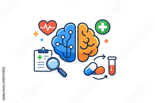 Medical technology artificial intelligence in healthcare represented by a brain icon integrated with medical symbols, expressing smart