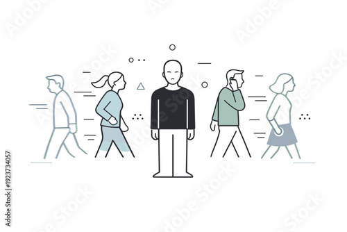 Emotionless presence. A figure surrounded by others in motion remains still and blank, with subtle outlines separating them, symbolizing