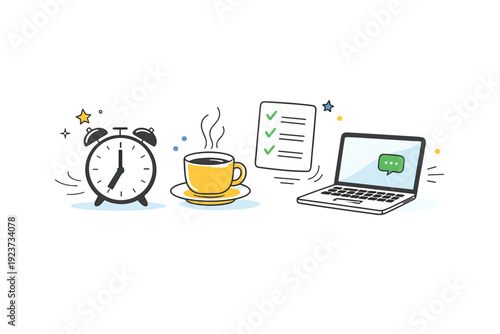 Hybrid work morning routines. Abstract editorial composition with alarm clock, coffee cup, laptop, and checklist floating gently. Smooth