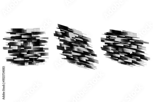 Glitch Dot Overlay. Halftone fragmented glitch overlay A fragmented glitch overlay shown in front view, rotated view, and three-quarter view with offset dot