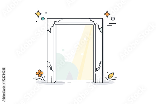 Paint peeling aesthetics. Soft vignette of a doorway or window frame with peeling paint at the corners, light filtering in gently. Embracing imperfection and