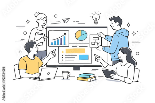 University students teamwork. A group works together on a presentation, arranging slides and diagrams on a shared screen. Productive academic collaboration