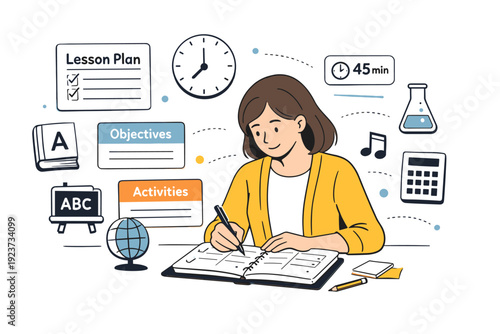 Lesson planning resources. Teacher writing notes in a planner while reference cards and icons for time and subjects float nearby. Thoughtful preparation and