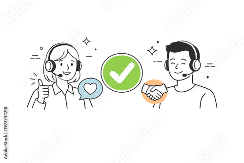 Customer Support Success. Customer support agents with headsets. A satisfied support interaction shown with a checkmark and smiling agent. Sense of resolution