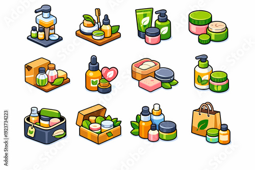 Sustainable Beauty. Colorful isometric vector icons set of sustainable beauty: refill station bottle, eco skincare set, green beauty container, reusable beauty