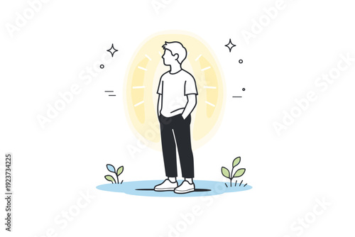 People standing in sunlight. A single figure stands quietly outdoors, sunlight surrounding the body like a soft halo. Sense of pause, warmth,