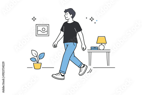 People paused mid-step indoors. A person stops mid-walk in a corridor or room, body language relaxed and unhurried. The atmosphere is calm,