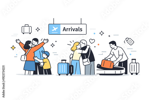 Airport arrivals area. Travelers reuniting with family or collecting luggage, soft abstract icons of suitcases and stars floating around to show warmth and