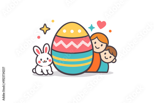 Easter family celebration playful spring scene built around a painted egg and small bunny figure, with soft decorative sparkles suggesting joy, laughter, and