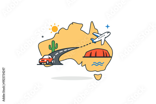 Australia travel inspiration focused on long distance journeys and iconic destinations. A clean editorial scene with a small airplane or road line interacting