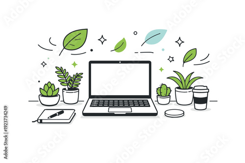 green desk zone. A modern workstation with a laptop and small potted plants like succulents and ferns, floating abstract leaves and stars