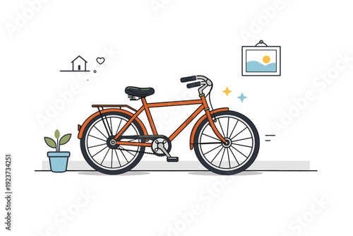 Everyday decay neutrality. A calm scene of a slightly rusted bike resting against a wall, untouched but not abandoned. Visual quietness in gradual aging.