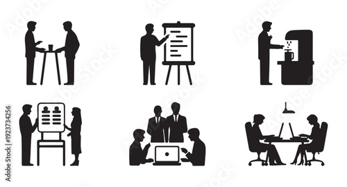 People silhouettes in various office and business situations including meetings, presentations, and individual work