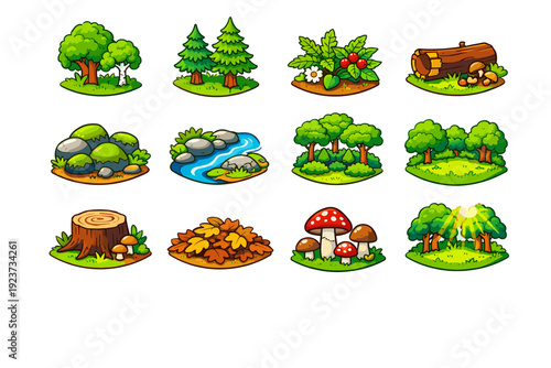 Forest habitat. Colorful isometric vector icons set of forest habitat: deciduous trees, conifer trees, forest floor plants, fallen log, moss