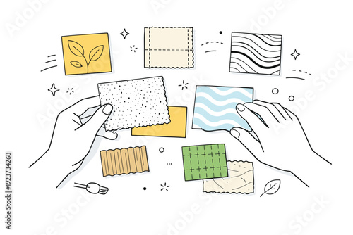 Craft inspired textures. Hands gently arranging paper and fabric samples on a clean table, exploring tactile surfaces and natural patterns. Calm creative