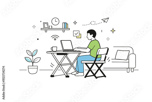 Foldable workspace solution. A foldable desk and chair used temporarily in a small living space, representing flexible remote work. Clean and