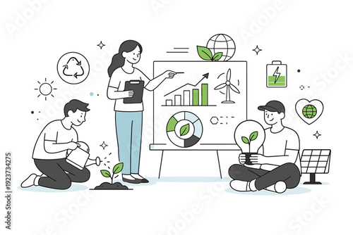 Eco and sustainability visuals. People interacting with plants, charts, and eco icons in a calm editorial scene, suggesting mindful