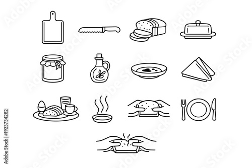 Iconic Bread Set. Serving Fresh Bread. Line icon set of Serving Fresh Bread: bread board, bread knife, sliced loaf, butter dish, jam jar, olive oil bottle,