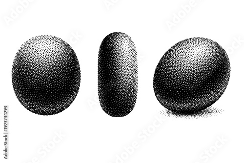 Dense stippled dot overlay represented as one high-density dot field object shown in three views: front view, side view, and three-quarter view emphasizing