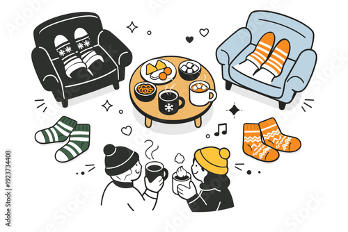 Apres-ski lounge scene indoors. Flat lay of armchairs, wool socks, mugs, and a small table with snacks arranged calmly. Friendly social