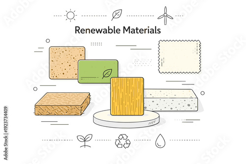 Renewable materials overview. Clean editorial scene showing abstract texture samples made from renewable materials arranged in a calm composition. Focus on