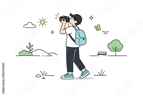 Creative Camera Stroll. Leisure photo walk. A person walks through an open area with a camera in hand, gently lifting it to take a spontaneous shot. The