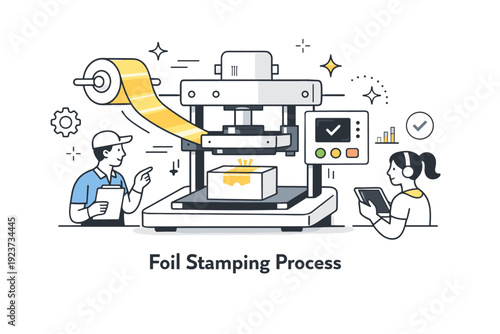 Foil stamping process. A simplified printing machine pressing foil onto packaging material. The illustration highlights precision, control,