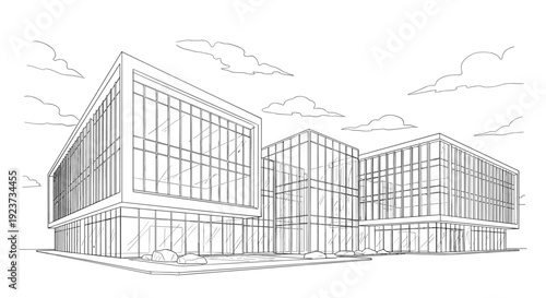 Modern office building complex with linear architectural design