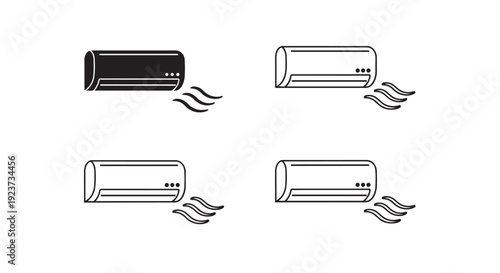 Air conditioner line icon collection. Includes black fill, white fill, and outline style air conditioning units with air flow. Created in minimalist flat style with black and white palette.