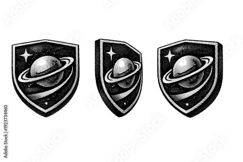 Space mission shield-shaped badge with planet and trajectory icon shown from front view, side view, and three-quarter perspective as a single object set. Black