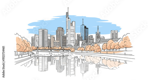 Urban skyline reflection with autumn trees and blue sky in linear art style