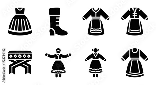 Traditional folk clothing icons set featuring dress, boots, and belt