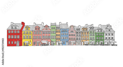 Colorful european townhouses line art with historical architecture