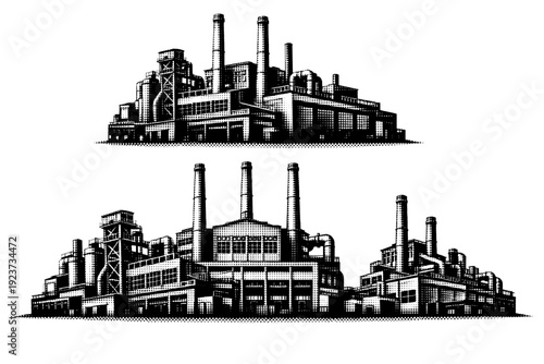 Industrial factory steel mill complex. A heavy industrial factory building with large rectangular halls, exposed steel framework, vents, and