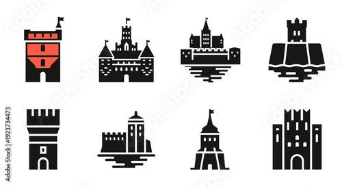 Medieval castles and towers set in minimalistic silhouette design